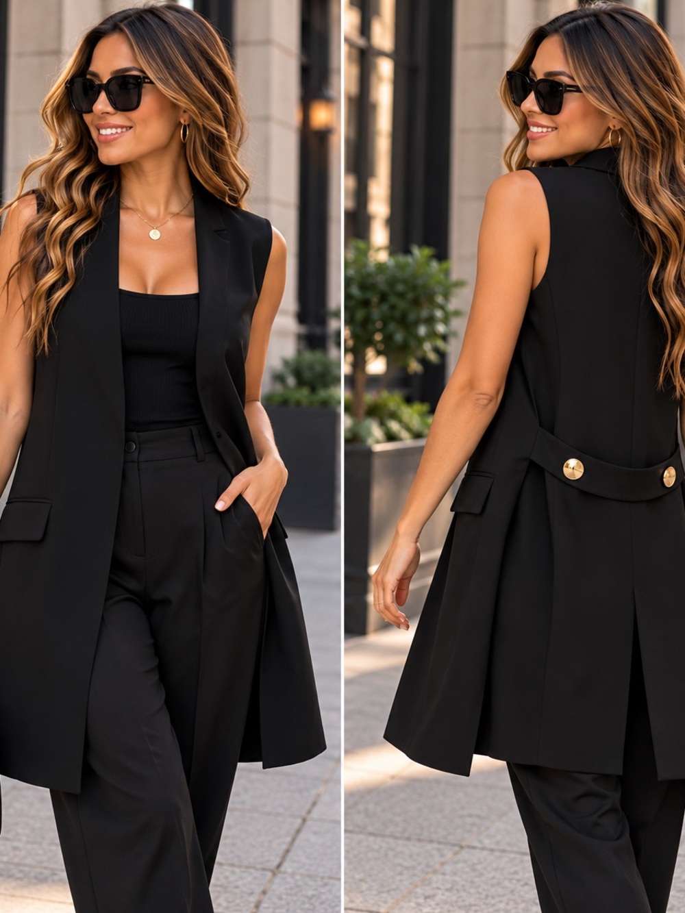 Zara Woman Black Longline Sleeveless Blazer Vest M Tailored